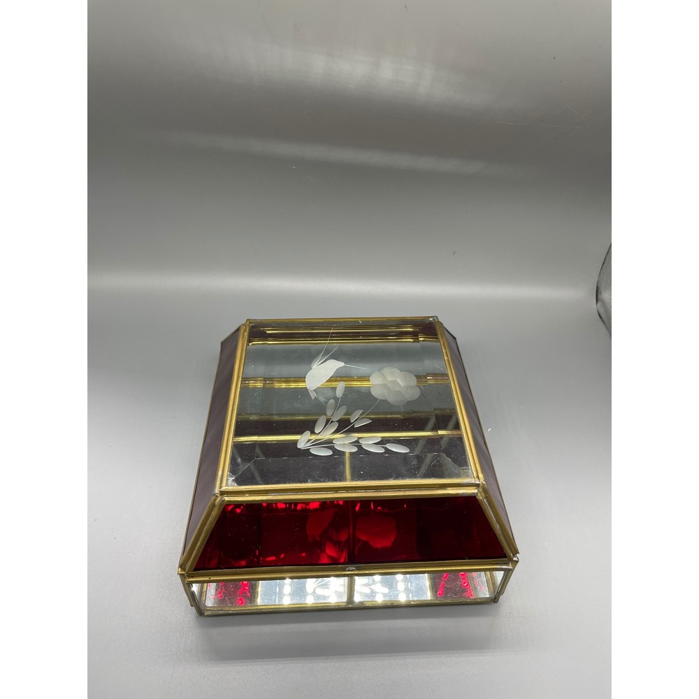 Vintage Red Stained Glass Brass Jewelry Box Etched‎ Hummingbird Floral Mirror